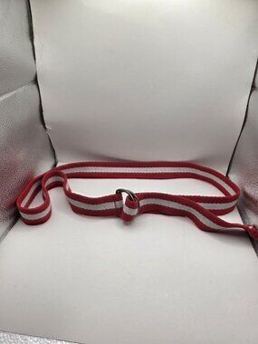 Men's Red & White Striped Canvas Web Belt D-Ring Buckle Adjustable Casual